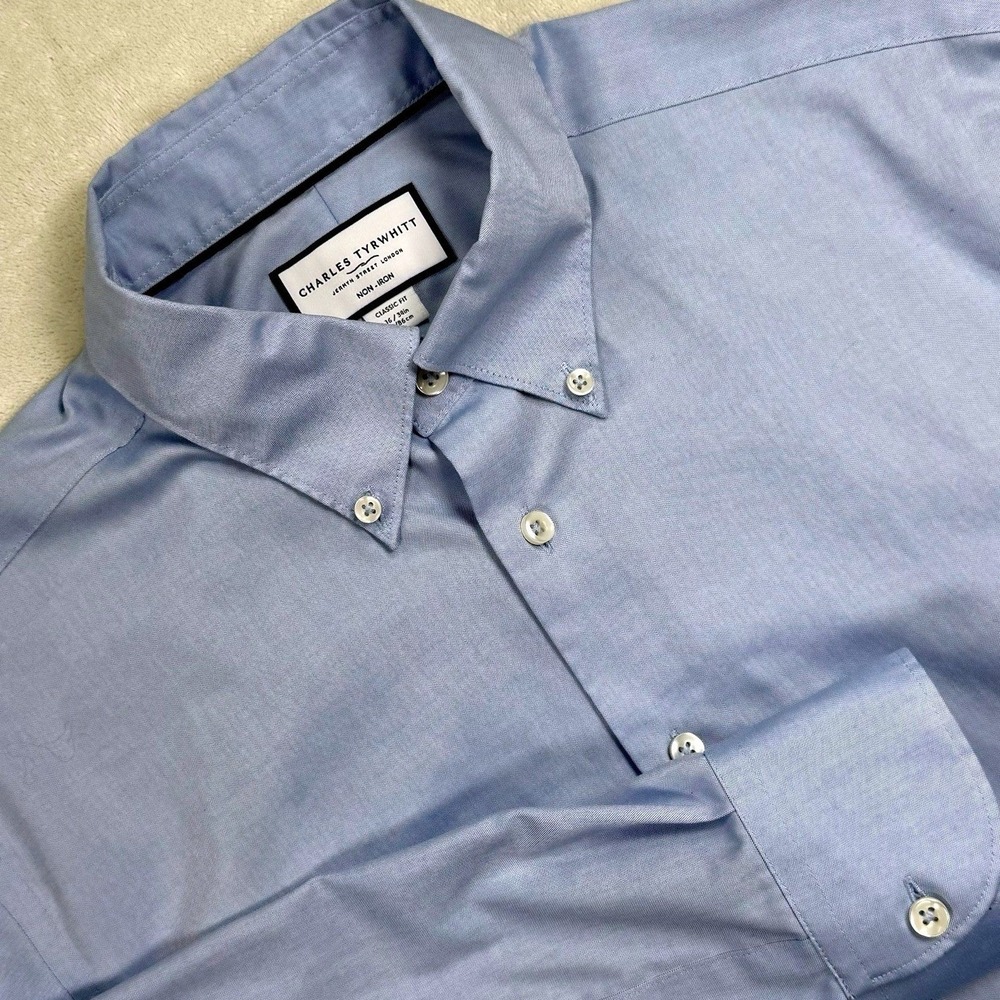 Charles Tyrwhitt Non-Iron Dress Shirt Mens 16/34 Classic Fit Light‎ Blue Cotton